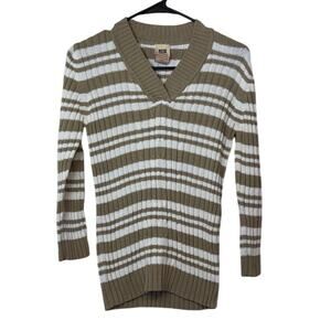 Y2K Faded Glory Cable Knit V-Neck Striped Pullover Sweater Size L Creamed Coffee